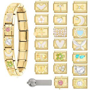 Gold Stainless Steel Italian Charm Bracelet Set with Tools and 20 Charms for DIY